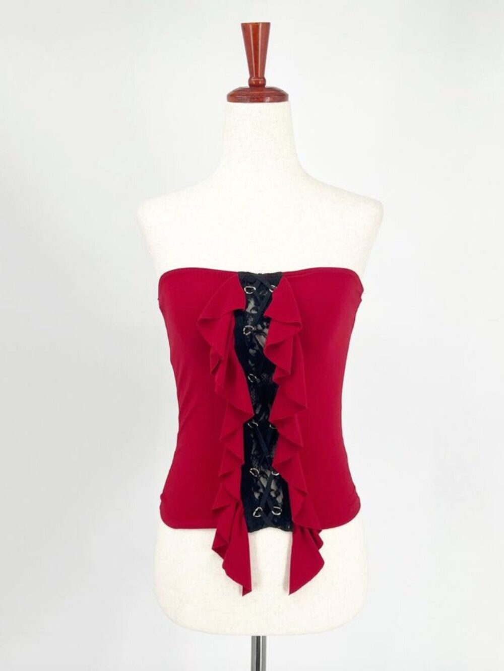Y2k Vintage Lace Front Corset Strapless Tube Top Ruffle Red Size Small